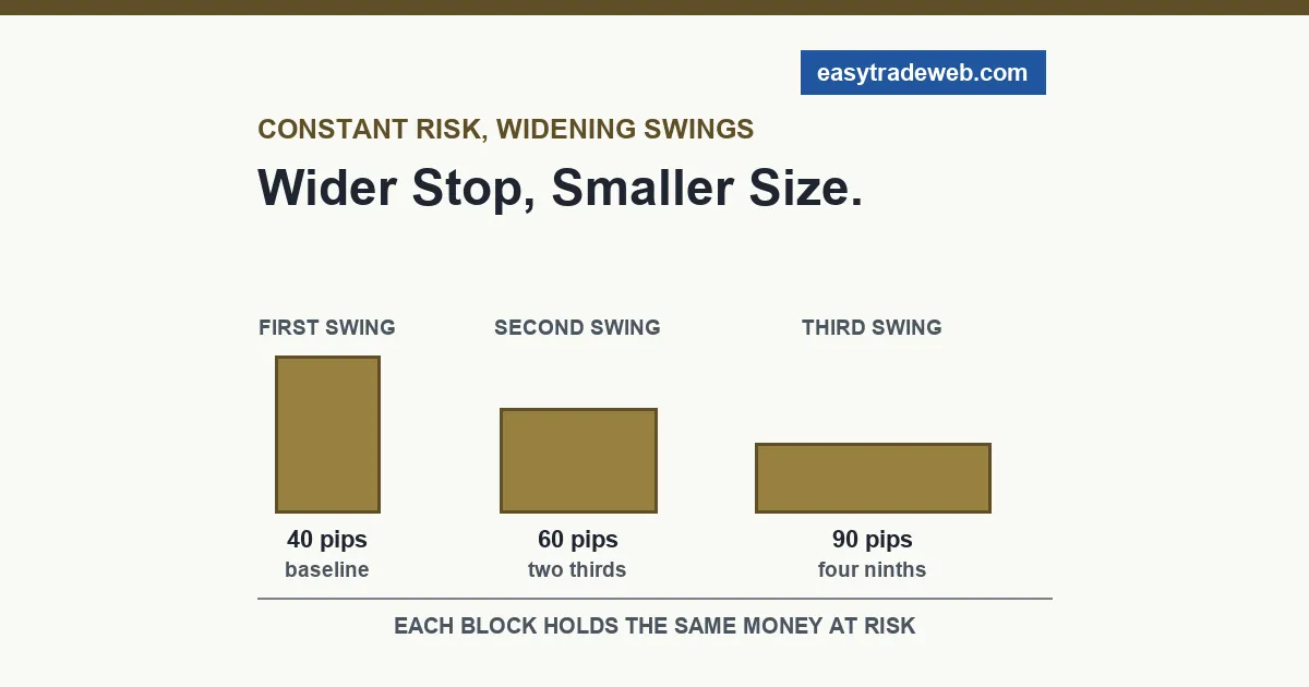 Three blocks of equal area showing that as the stop distance widens from 40 to 60 to 90 pips the position size must fall to two thirds and then four ninths of baseline