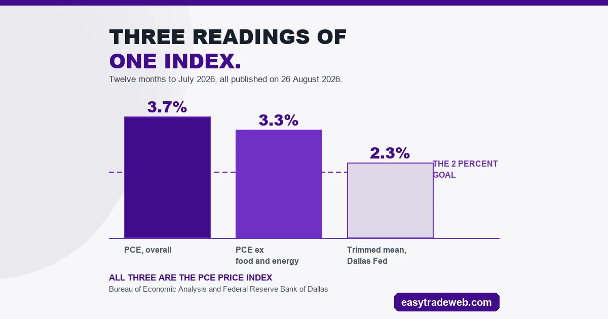 Core PCE Explained: The Gap Between PCE and CPI, Measured Core PCE inline chart: three twelve-month readings of the PCE price index against the 2 percent goal line