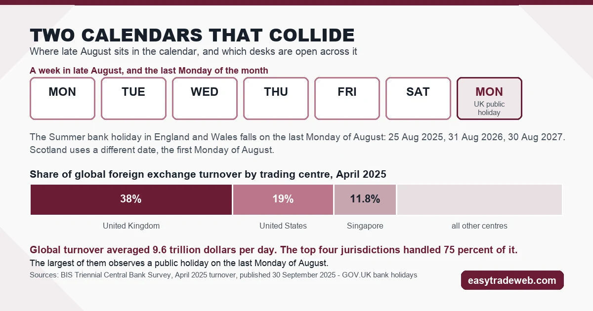 The Jackson Hole Symposium: What It Can and Cannot Decide Calendar strip for a week in late August with the last Monday marked as a UK public holiday, beside United Kingdom at 38 percent of global foreign exchange turnover in April 2025
