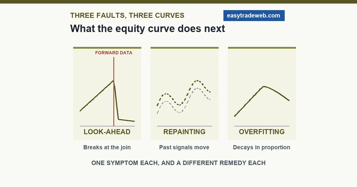 Three equity curves separating look-ahead bias, indicator repainting and overfitting by their symptoms