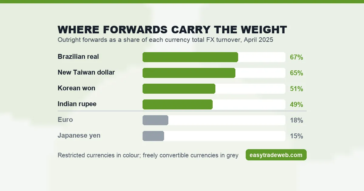 Non-Deliverable Forwards: What They Are and Who Trades Them Bar chart of outright forwards as a share of each currency total foreign exchange turnover in April 2025, led by the Brazilian real at 67 percent